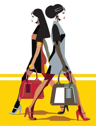 Illustration of two stylish women walking with handbags by Yordanka Poleganova