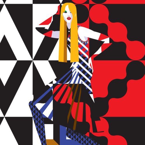 Geometric fashion illustration of a woman in patterned clothes by Yordanka Poleganova