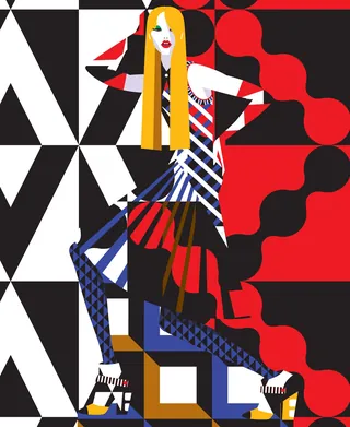 Geometric fashion illustration of a woman in patterned clothes by Yordanka Poleganova