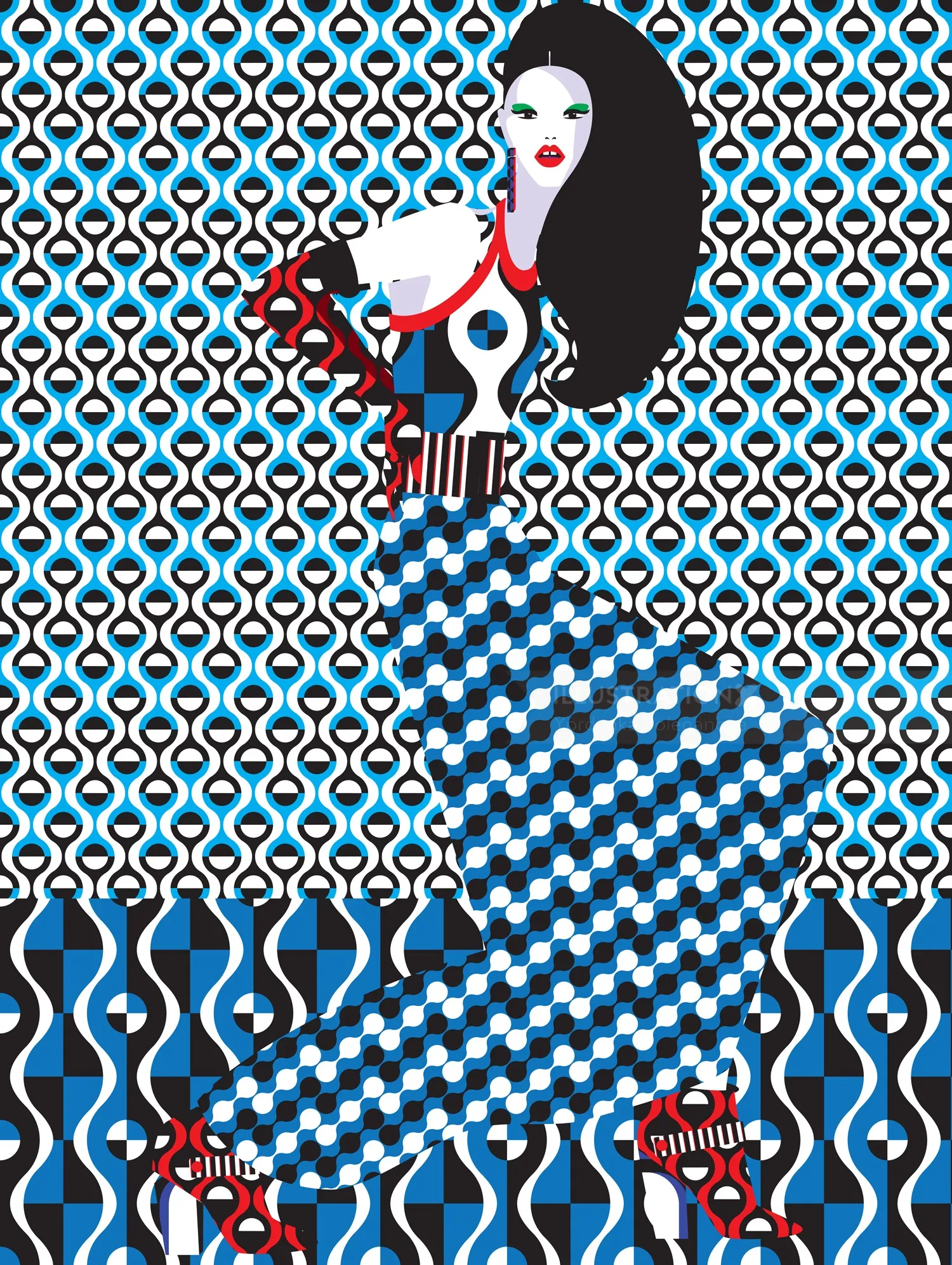 Fashion illustration of woman in geometric patterned dress with red shoes and gloves by Yordanka Pol