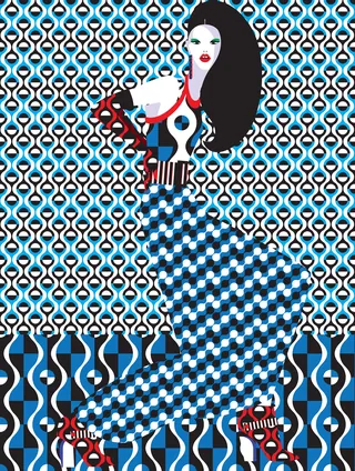 Fashion illustration of woman in geometric patterned dress with red shoes and gloves by Yordanka Pol