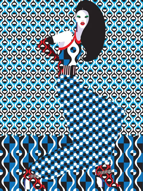 Fashion illustration of woman in geometric patterned dress with red shoes and gloves by Yordanka Pol