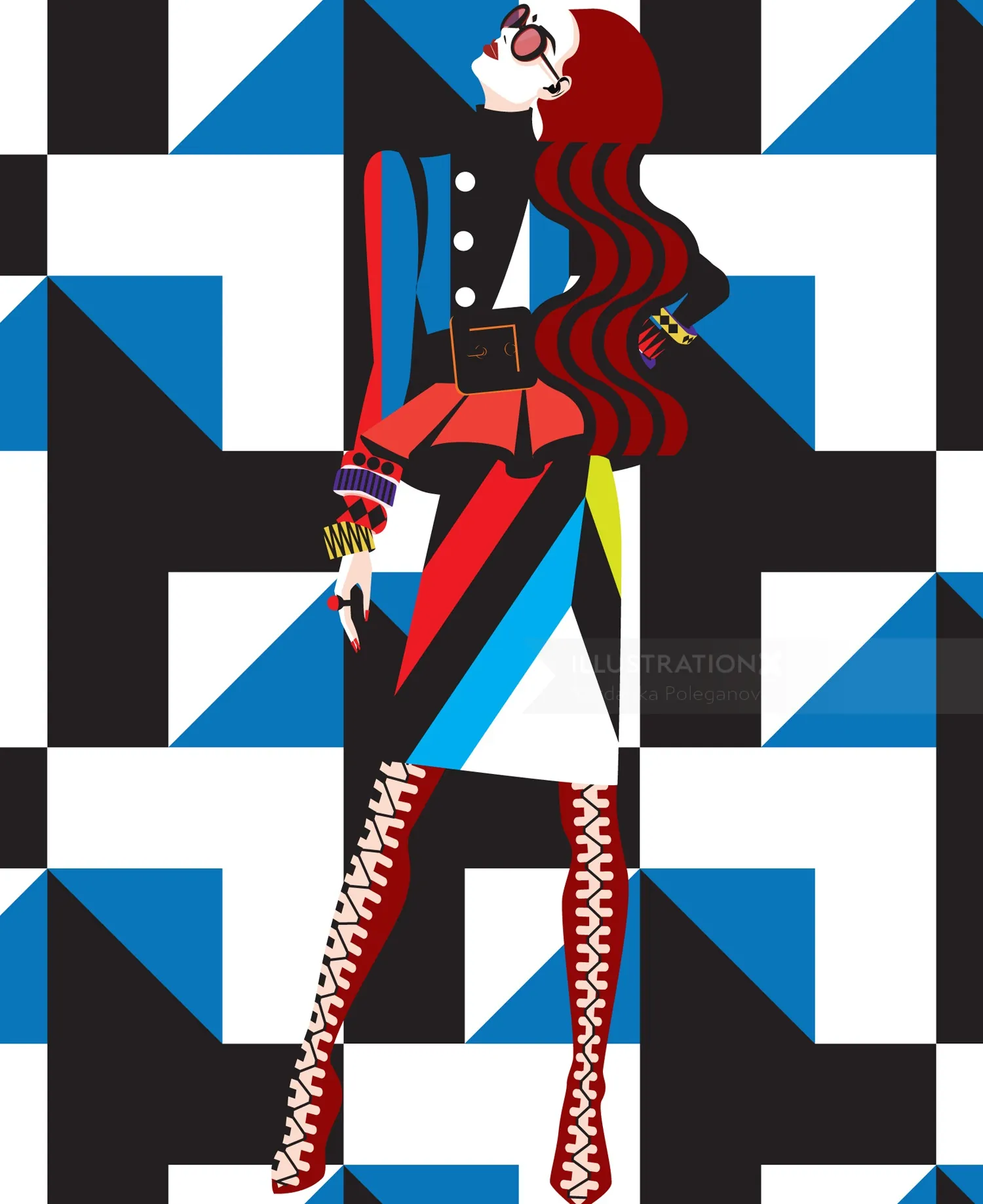 Stylized woman with red hair in fashionable outfit by Yordanka Poleganova