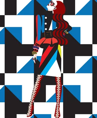 Stylized woman with red hair in fashionable outfit by Yordanka Poleganova