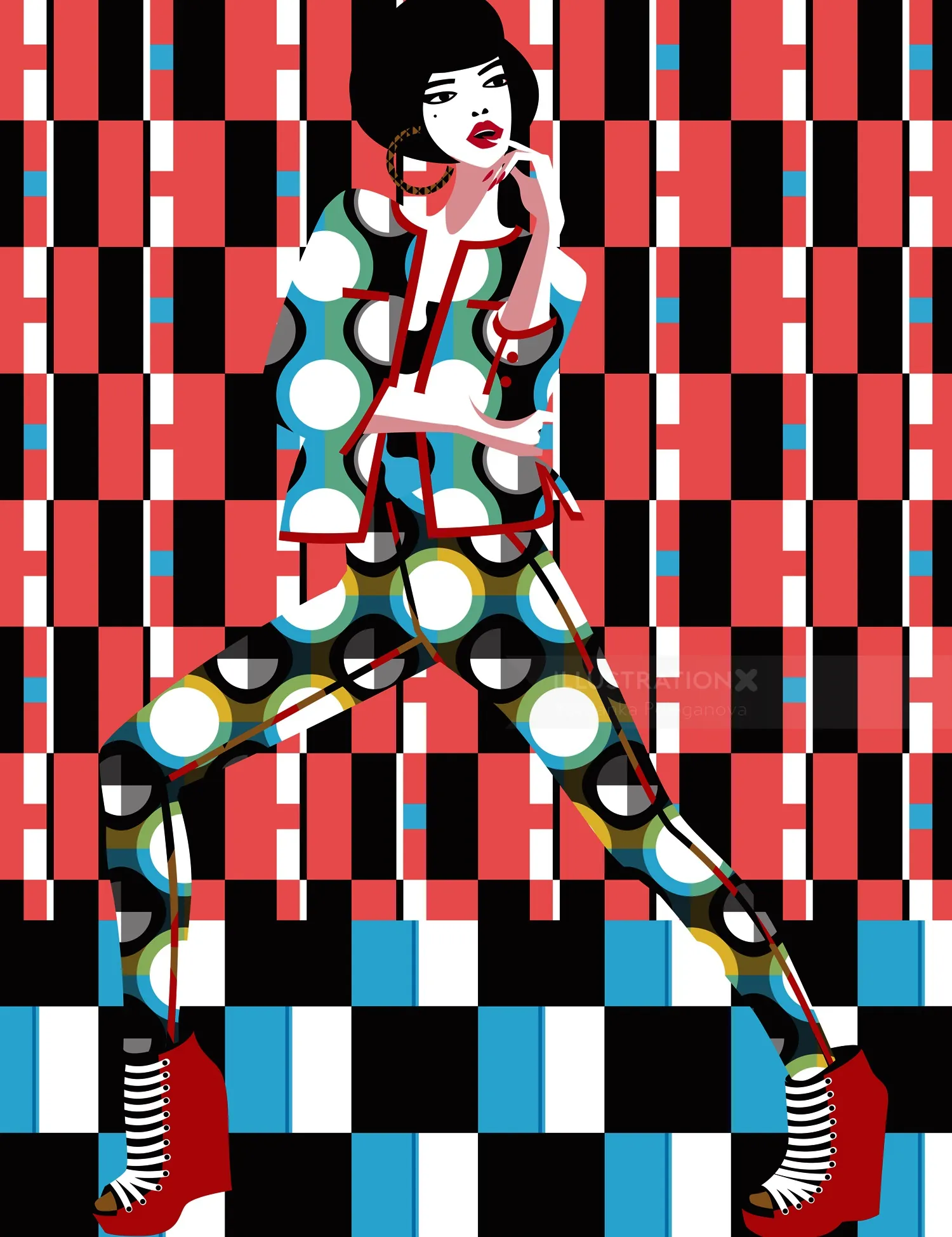 Stylized woman in colorful geometric outfit with red heels by Yordanka Poleganova