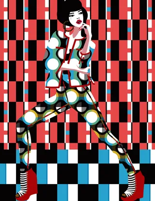 Stylized woman in colorful geometric outfit with red heels by Yordanka Poleganova