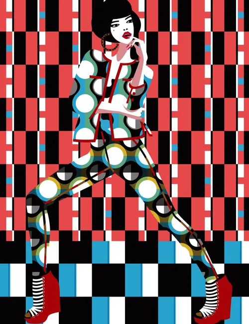Stylized woman in colorful geometric outfit with red heels by Yordanka Poleganova