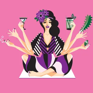 Meditative woman with six arms holding drinks and a leaf, by Yordanka Poleganova