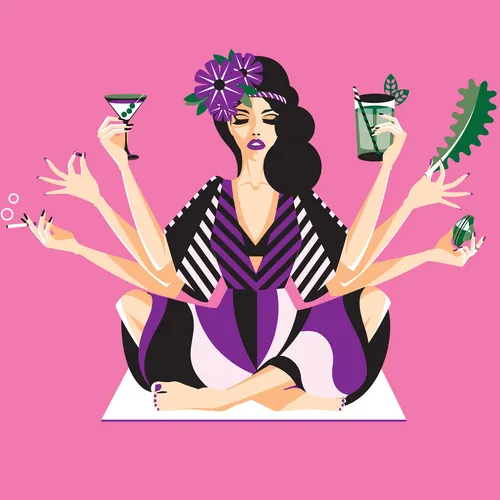 Meditative woman with six arms holding drinks and a leaf, by Yordanka Poleganova