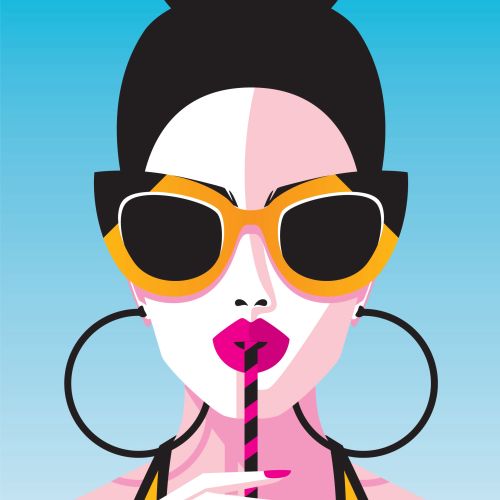 Stylish woman with sunglasses and hoop earrings drinking through a straw by Yordanka Poleganova
