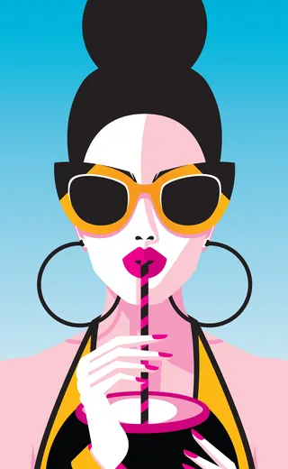 Stylish woman with sunglasses and hoop earrings drinking through a straw by Yordanka Poleganova