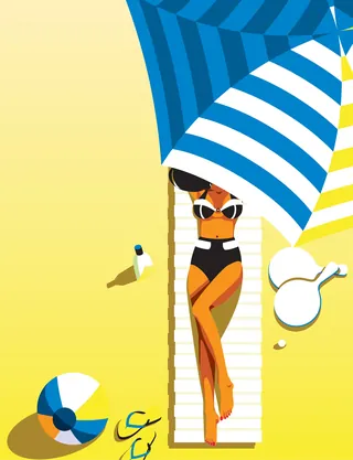 Top view of woman sunbathing under umbrella with beach ball and water bottle by Yordanka Poleganova