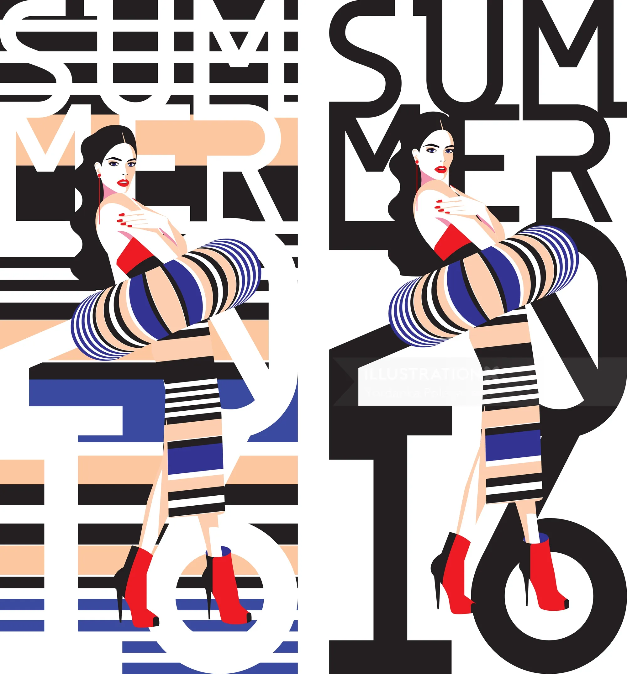 Fashion illustration of a woman in striped leggings and red heels with summer text by Yordanka Poleg