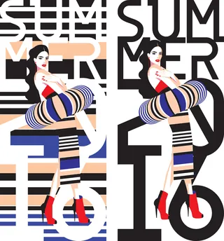 Fashion illustration of a woman in striped leggings and red heels with summer text by Yordanka Poleg