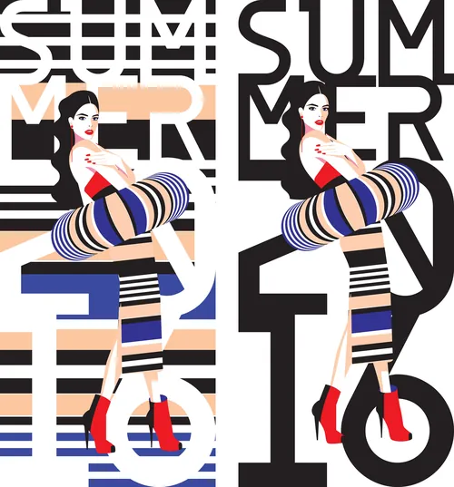 Fashion illustration of a woman in striped leggings and red heels with summer text by Yordanka Poleg