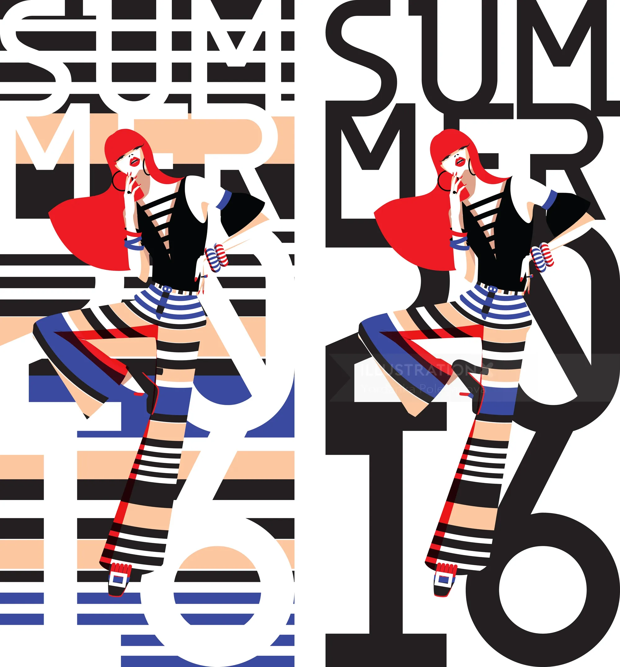 Stylish woman in striped clothes with summer text by Yordanka Poleganova
