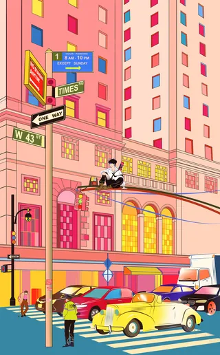 Traveler sitting on streetlamp overlooking pastel cityscape at 42nd St