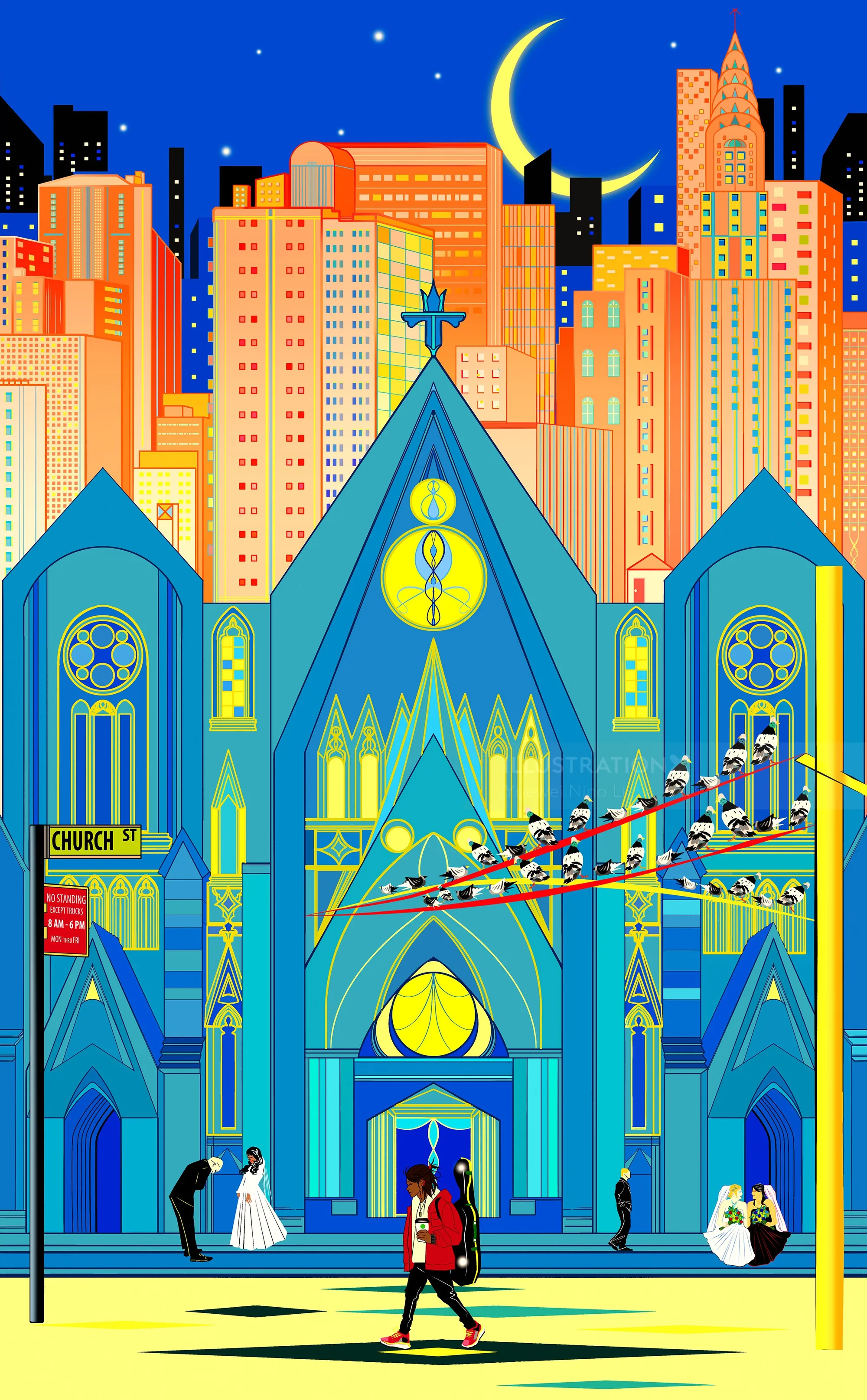 St. Patrick's Cathedral at night with weddings and city skyline
