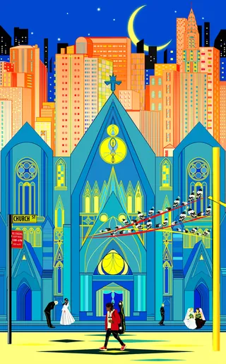 St. Patrick's Cathedral at night with weddings and city skyline
