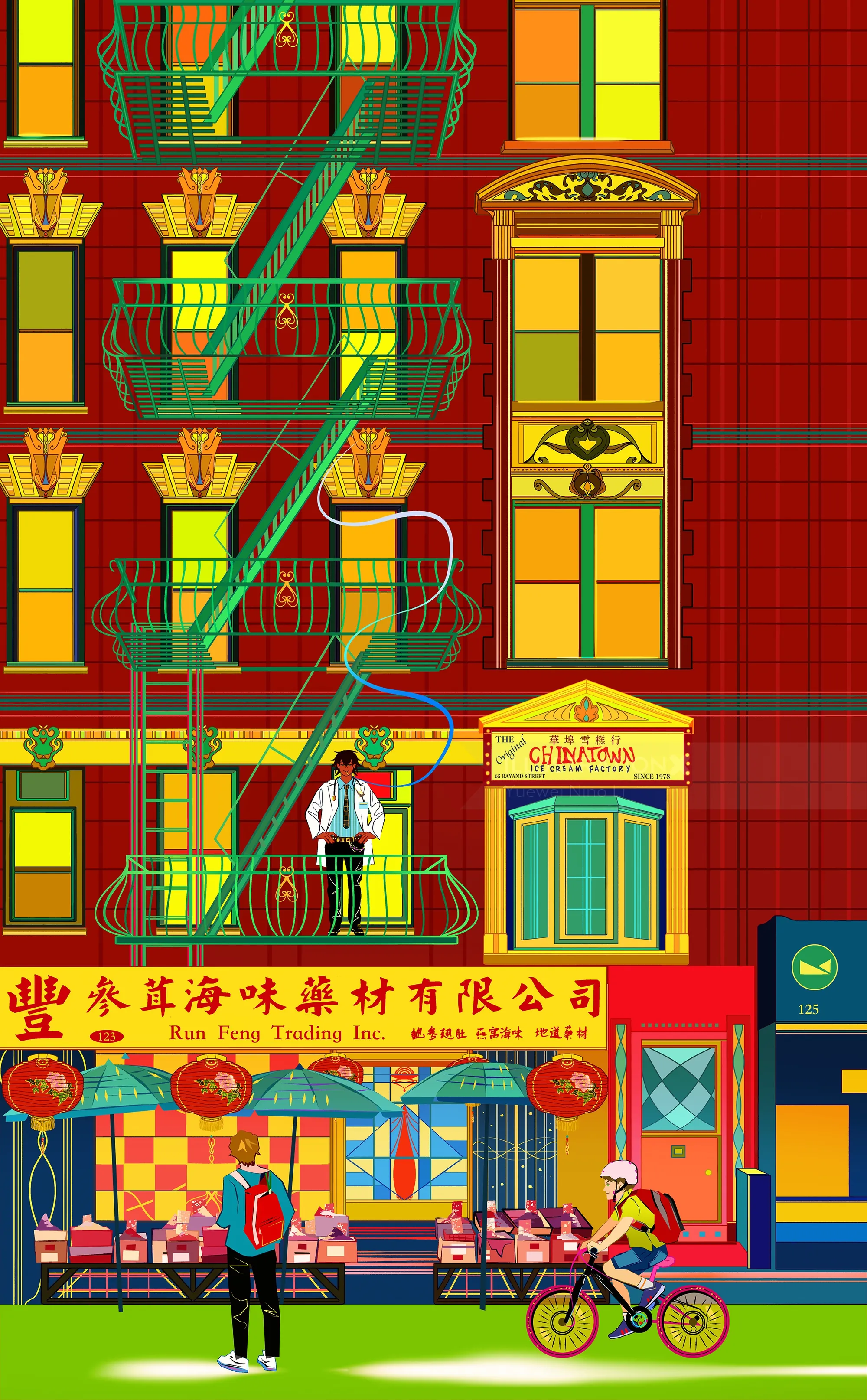 Illustration of Chinatown street with vibrant buildings, people, and bicycles