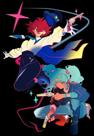 Two wild bounty hunter characters in dynamic action poses