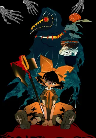 Halloween spirit character with doll and pumpkin head