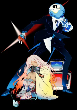 Futuristic robot in suit with glowing hand and girl with prosthetic legs