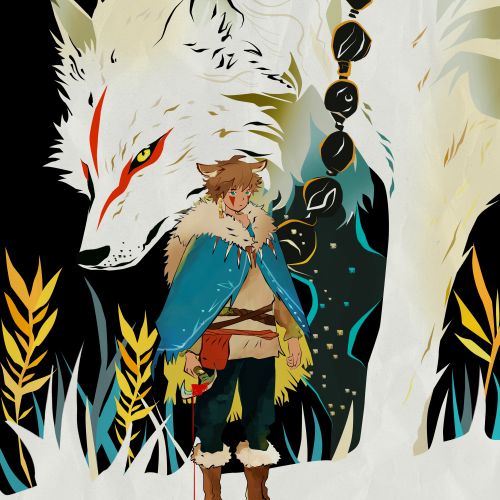 Hunter character with large white wolf inspired by Princess Mononoke