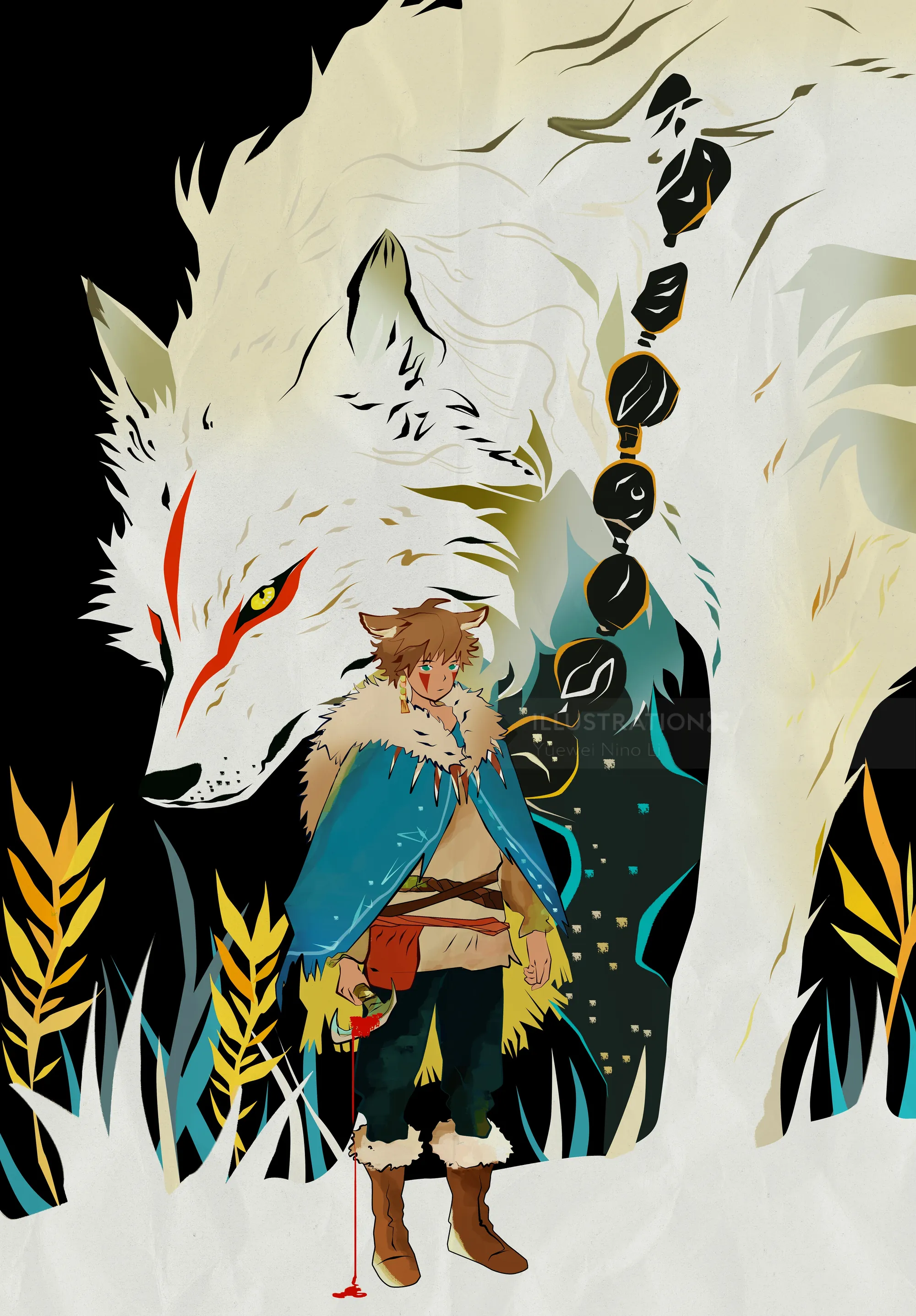 Hunter character with large white wolf inspired by Princess Mononoke