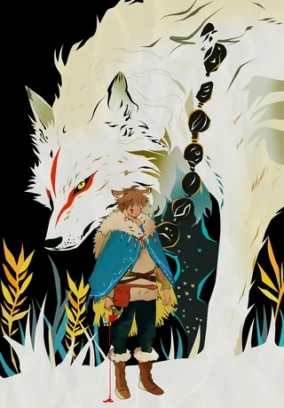 Hunter character with large white wolf inspired by Princess Mononoke