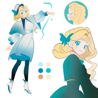 Illustration of a shy French witch girl with blonde hair and blue outfit