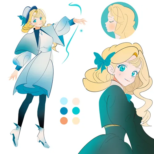 Illustration of a shy French witch girl with blonde hair and blue outfit