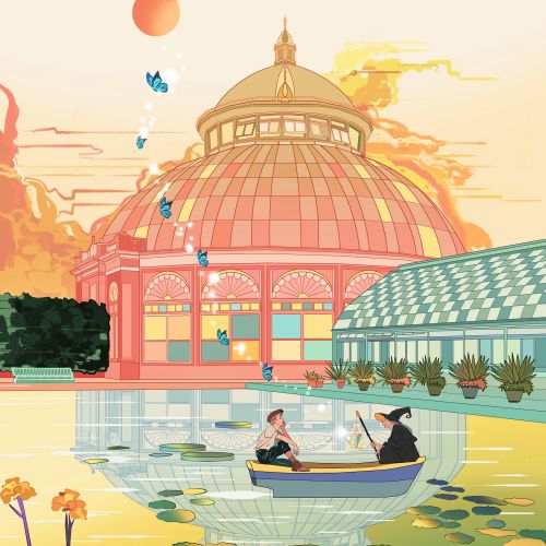 Boy and witch boating on lake at sunset with blue butterflies