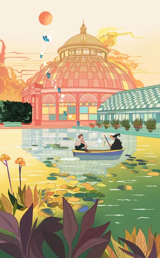 Boy and witch boating on lake at sunset with blue butterflies