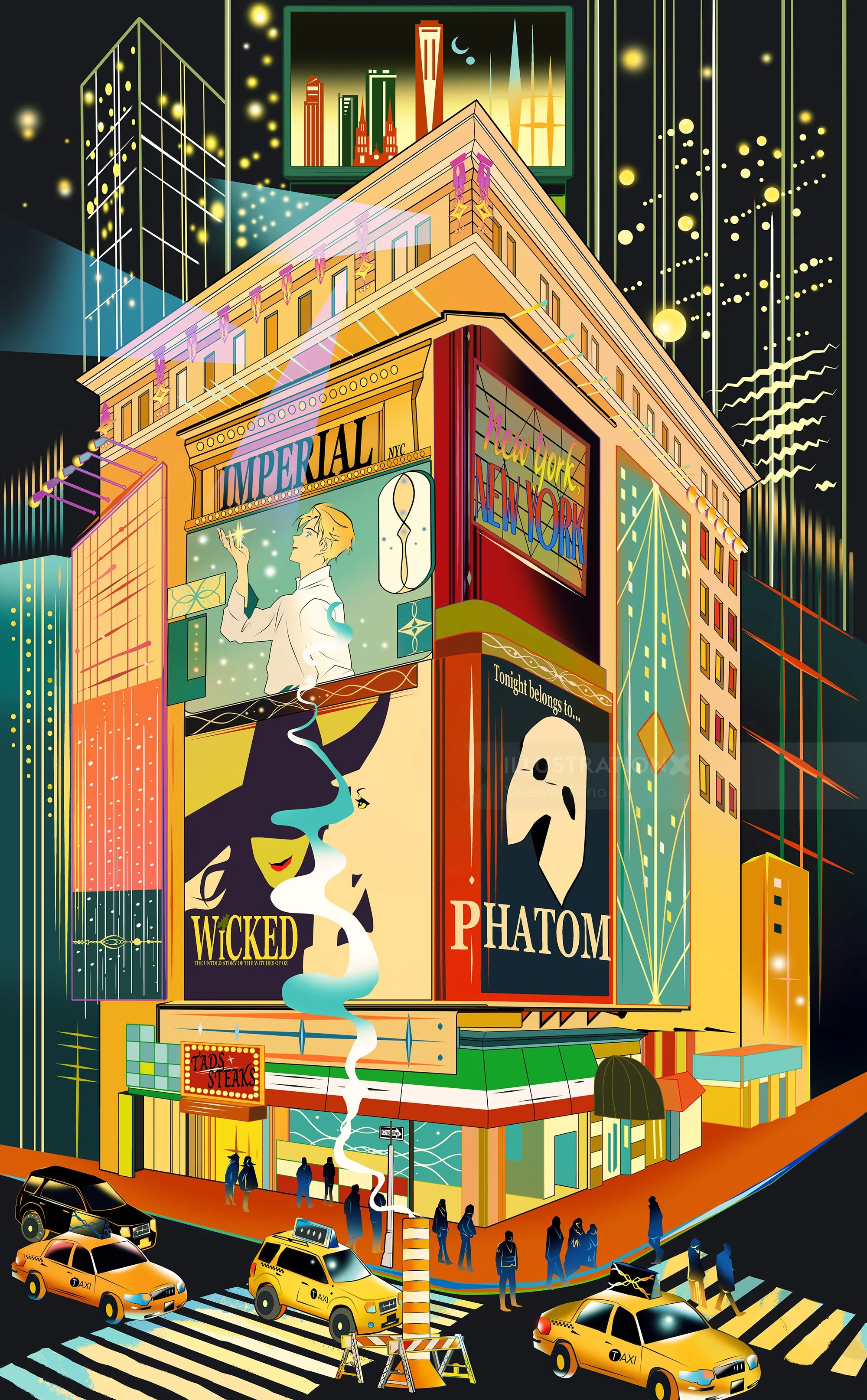 Broadway theater building with illuminated posters at night
