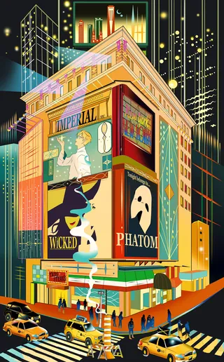 Broadway theater building with illuminated posters at night