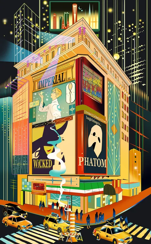 Broadway theater building with illuminated posters at night