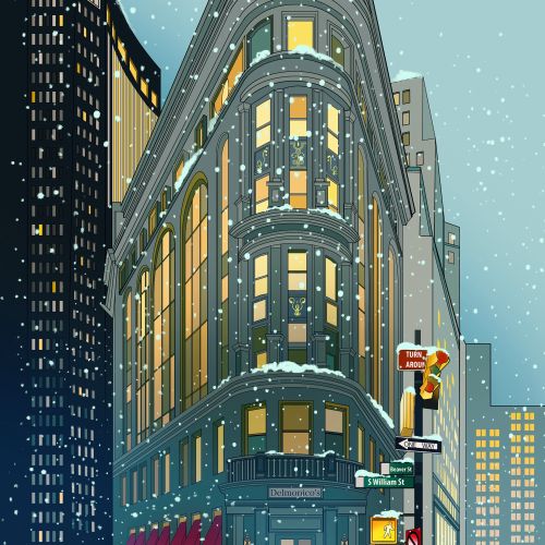 Snowy evening at Delmonico's Building with a woman under umbrella