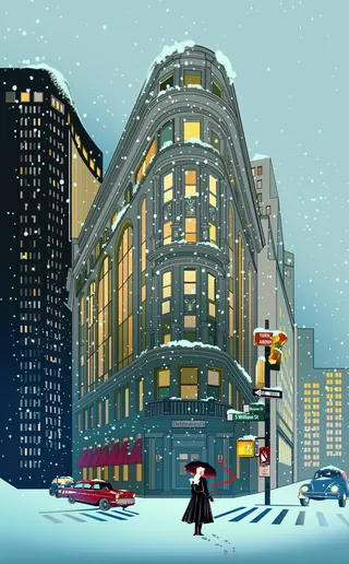 Snowy evening at Delmonico's Building with a woman under umbrella
