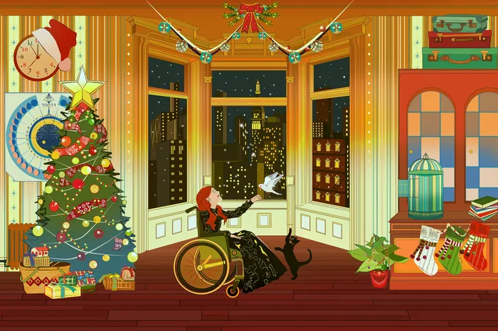 Woman in wheelchair with cat by Christmas tree in city apartment