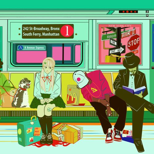 Illustration of diverse passengers riding New York Subway Line 1
