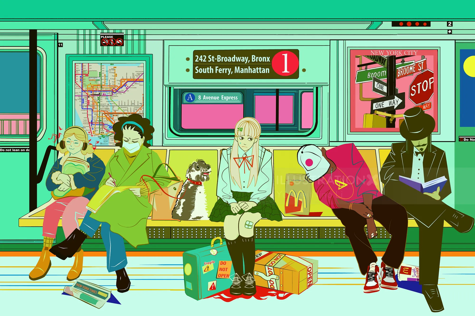 Illustration of diverse passengers riding New York Subway Line 1