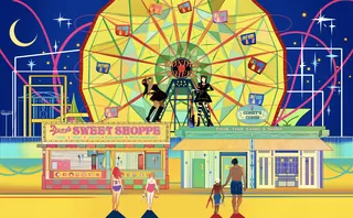 Colorful Coney Island Ferris wheel and sweet shop illustration at night