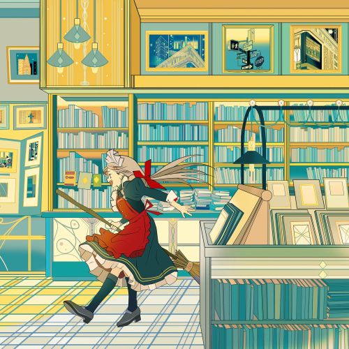 Illustration of a girl running inside a cozy bookstore with shelves of books