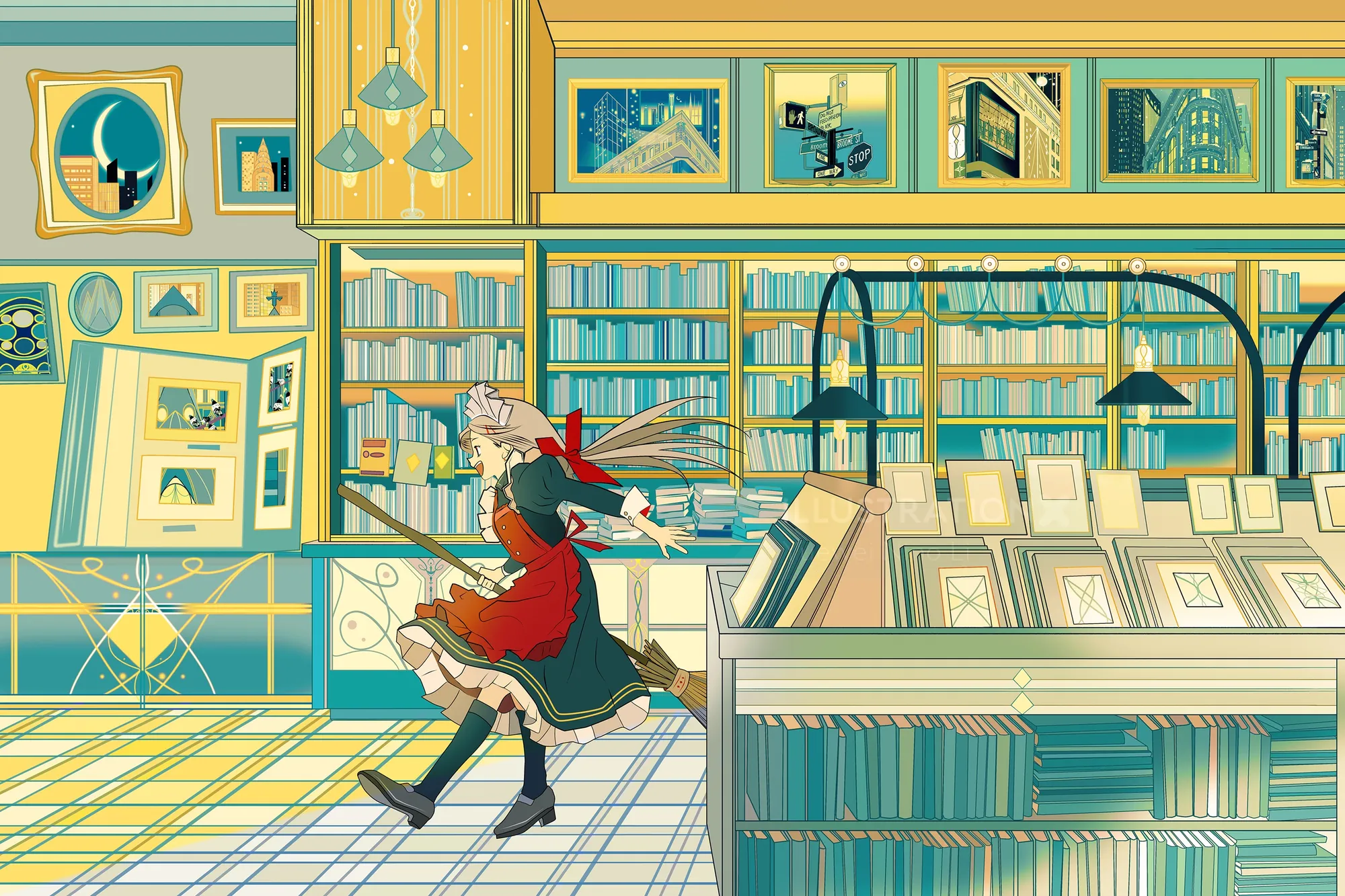 Illustration of a girl running inside a cozy bookstore with shelves of books
