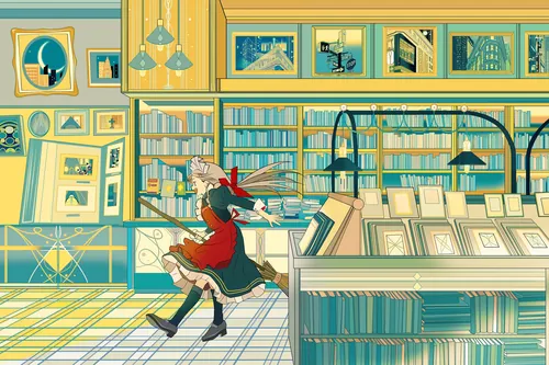 Illustration of a girl running inside a cozy bookstore with shelves of books