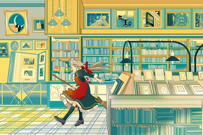 Illustration of a girl running inside a cozy bookstore with shelves of books