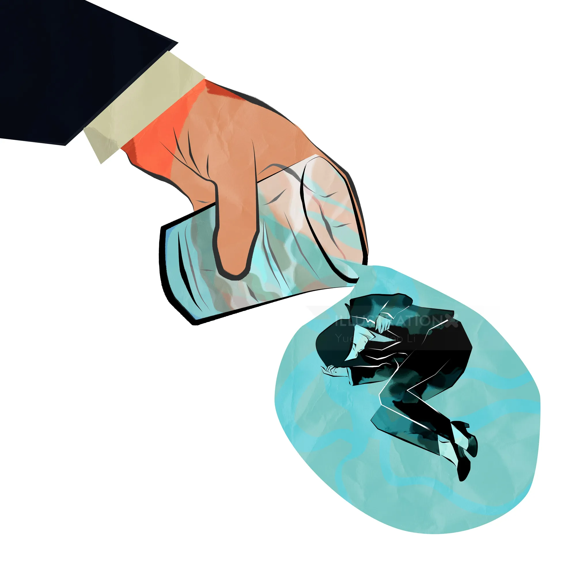 Hand pouring drink on woman curled up in a glass symbolizing workplace pressure
