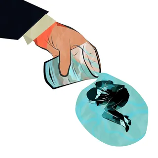 Hand pouring drink on woman curled up in a glass symbolizing workplace pressure