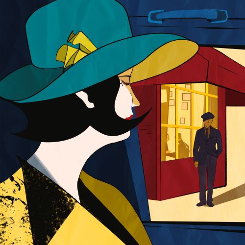 Illustration of woman in yellow hat looking at man outside Paris café